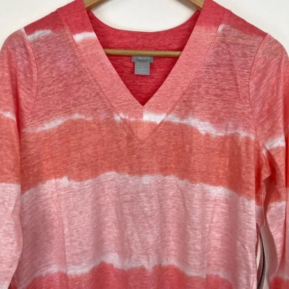 Chicos Linen Tie-Dye Striped Tunic Size 0/SM Calypso Coral 3/4 Sleeve Knit - Picture 5 of 7